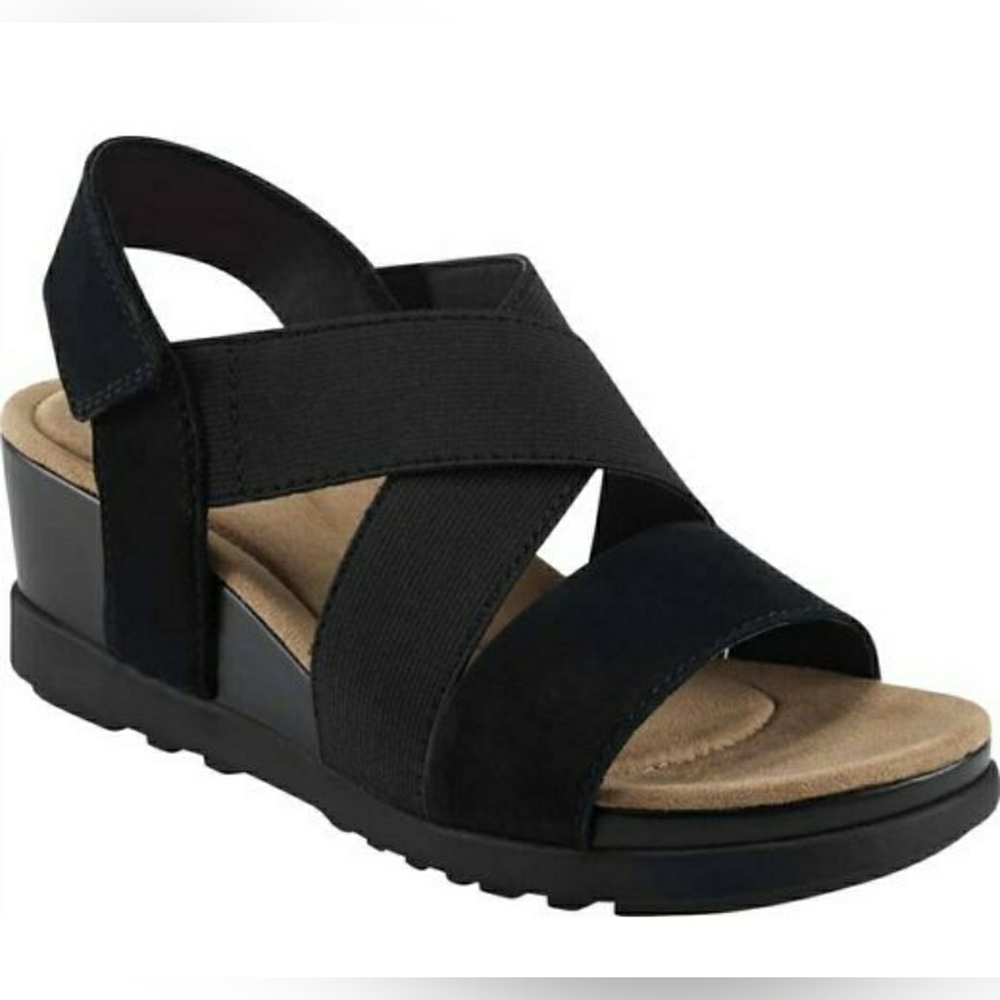 Women's Black Wedge Sandals NIB Earth Origins WIDE Carren Leather Strappy